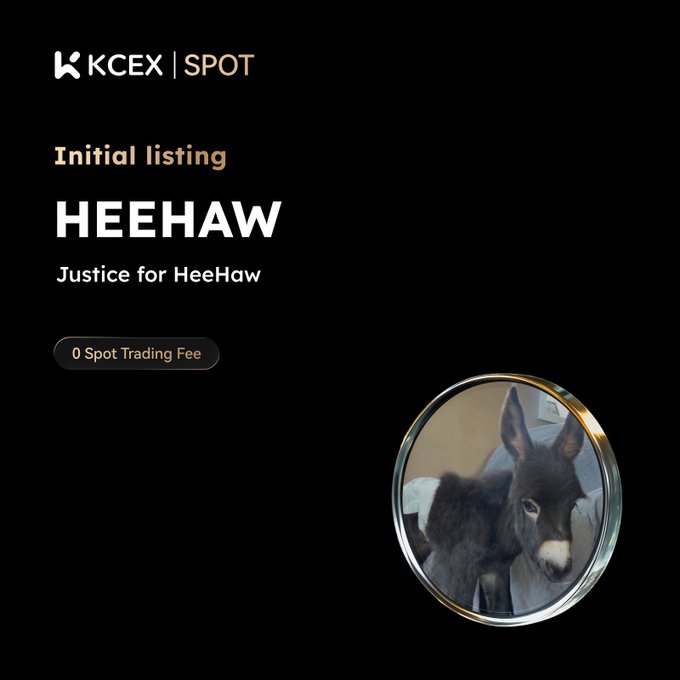 A dark promotional graphic for KCEX SPOT announcing an initial listing for 'HEEHAW' with the subtitle 'Justice for HeeHaw', '0 Spot Trading Fee', and a circular image of a donkey.