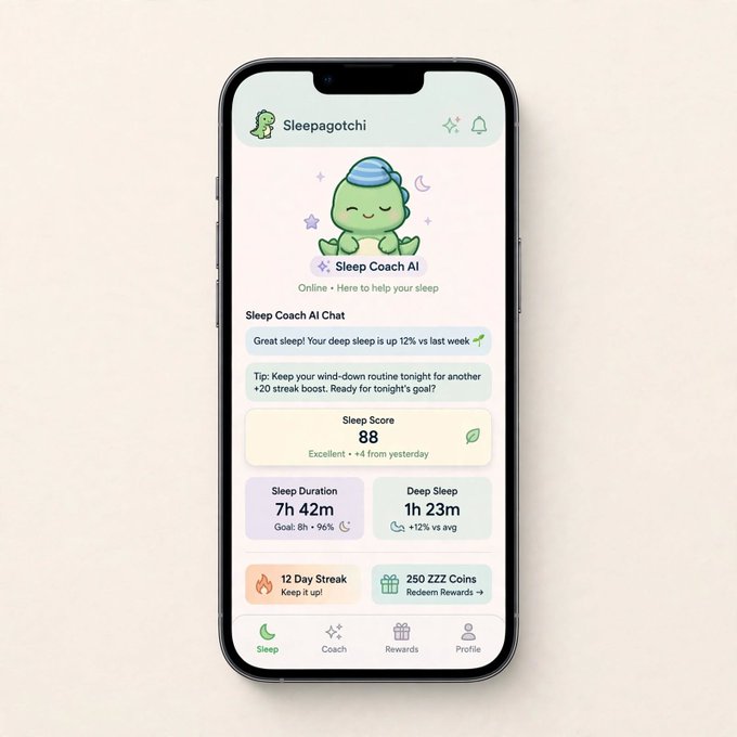 A mobile app mockup for 'Sleepagotchi' featuring a green dinosaur mascot and Sleep Coach AI chat, displaying a sleep score of 88, 7h 42m sleep duration, 1h 23m deep sleep, and a 12-day streak with 250 ZZZ Coins.