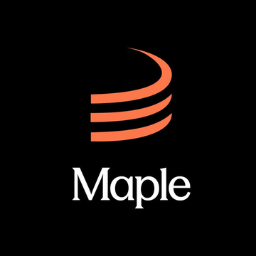The image displays the Maple logo—featuring a stylized orange maple leaf-like design—above the word "Maple" in white serif text on a black background, serving as branding for Maple Finance, which is quoted in the accompanying post discussing why traditional asset managers are moving assets onchain due to cheaper capital costs.