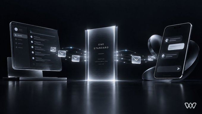 Stylized digital illustration showing a desktop monitor, smartphone, and book titled 'ONE STANDARD' connected by floating email icons, representing unified communication.