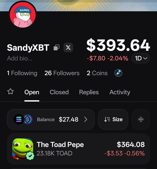 A screenshot of the SandyXBT portfolio page shows a balance of $393.64 with "The Toad Pepe" token ($TOAD) holding $364.08 (23.18K TOAD), down 0.56%. This supports the post's claim of buying more $TOAD on the dip by visually displaying the current TOAD holdings in the portfolio.