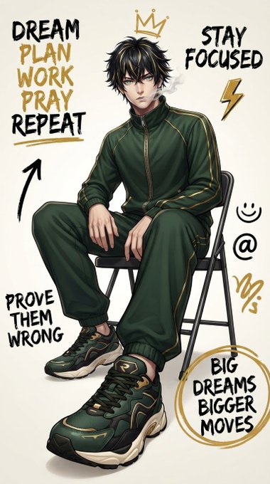An anime-style motivational illustration of a young man in a green tracksuit sitting on a chair, surrounded by text like 'DREAM PLAN WORK PRAY REPEAT', 'STAY FOCUSED', 'PROVE THEM WRONG', and 'BIG DREAMS BIGGER MOVES'.