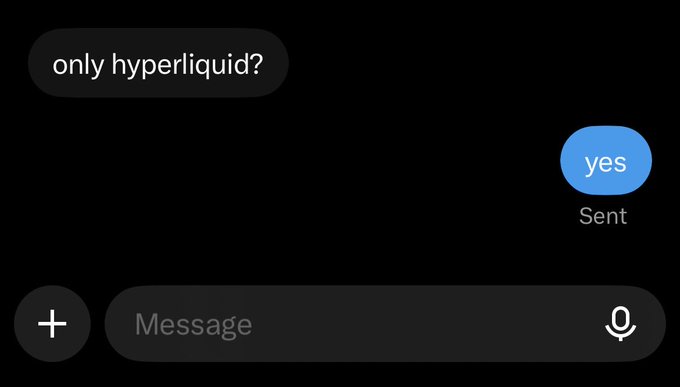 A text message conversation with one bubble reading 'only hyperliquid?' and a reply of 'yes' marked as 'Sent'.