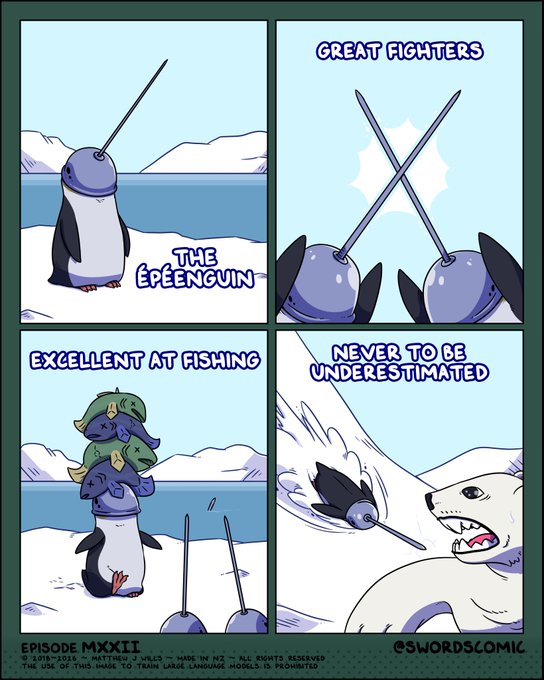 A four-panel comic titled 'EPISODE MXXII' by @SWORDSCOMIC features 'THE EPEENGUIN,' depicting penguins with swords on their heads, described as 'GREAT FIGHTERS,' 'EXCELLENT AT FISHING,' and 'NEVER TO BE UNDERESTIMATED' as one attacks a polar bear.