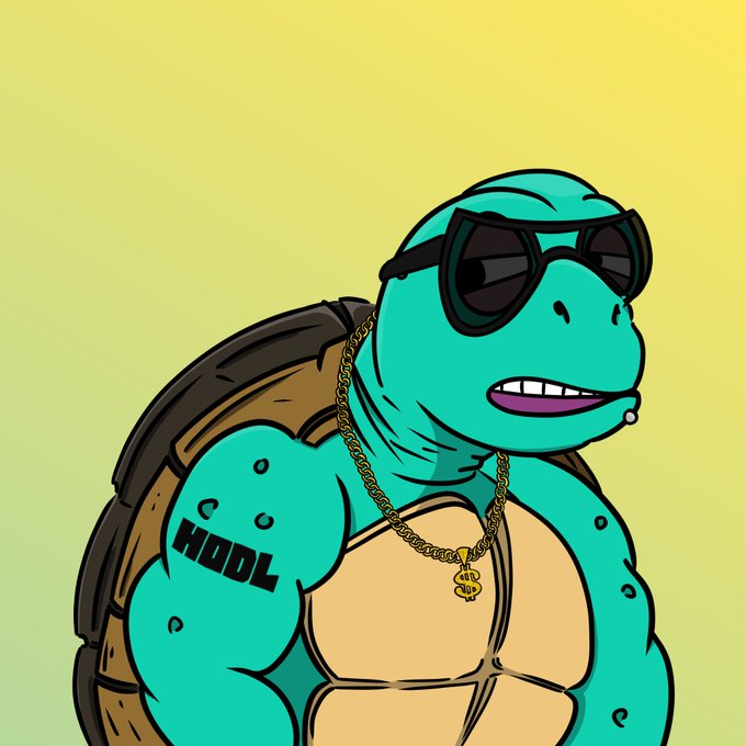A cartoon illustration shows a muscular teal turtle wearing black sunglasses, a gold "$" pendant chain, and displaying a "COOL" tattoo on its bicep. The "COOL" tattoo and stylish accessories match the accompanying post about Turtle NFT #4003, with the "$" pendant hinting at the crypto-themed turtle collection.