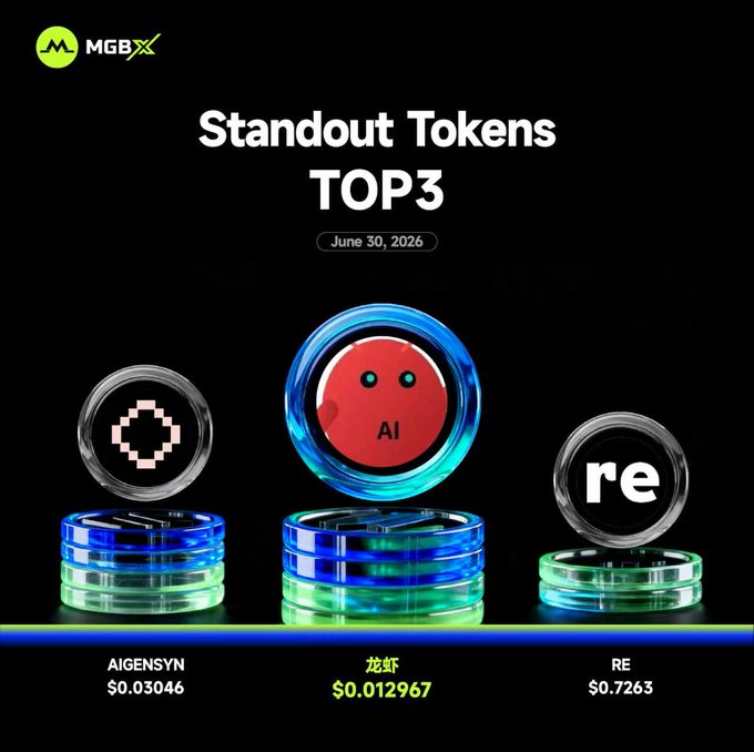 A promotional graphic titled 'Standout Tokens TOP3' dated June 30, 2026, from MGBX, highlighting three cryptocurrencies: AIGENSYN at $0.03046, 龙虾 (Lobster) at $0.012967, and RE at $0.7263.