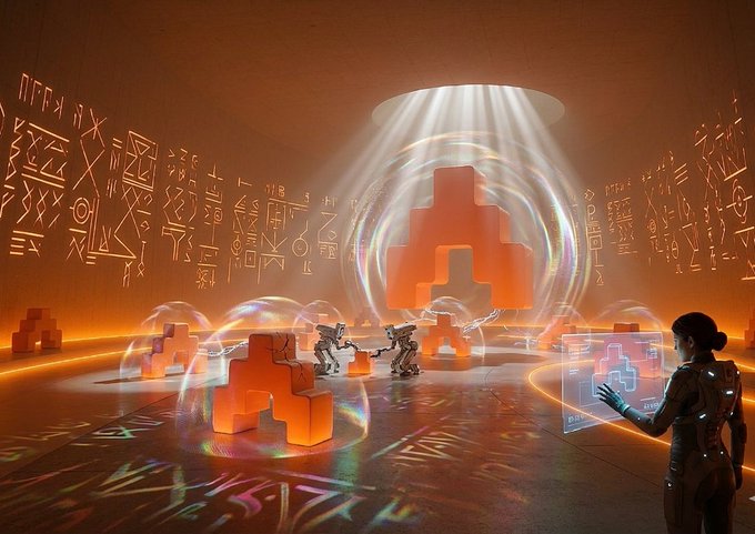 Two figures collaborate within bubble-shielded Tetris-like block structures inside a chamber etched with glowing runic code, while a person on the right interacts with a transparent holographic interface, symbolizing the hands-on, verifiable security that ArcTerminal delivers through its open, post-quantum Kyber-768 + X25519 encryption.