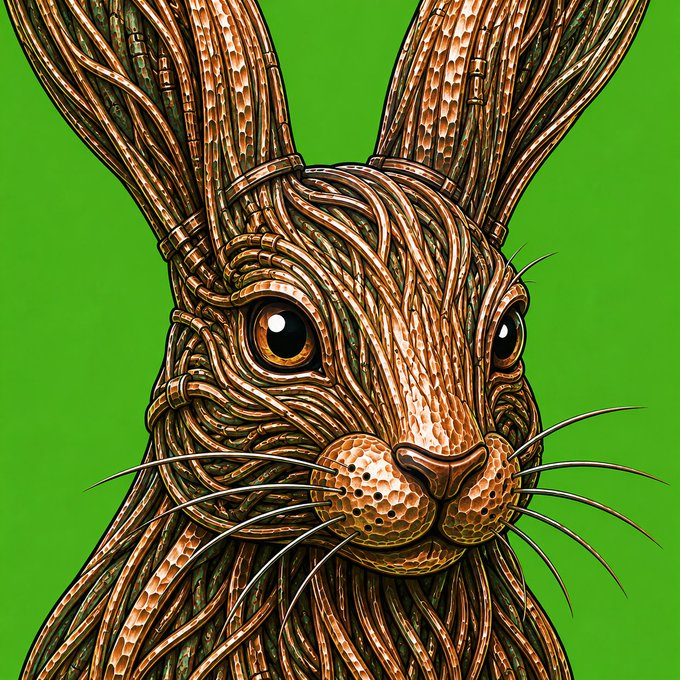 A detailed digital illustration of a rabbit's face rendered in a textured, copper-metallic style against a bright green background.