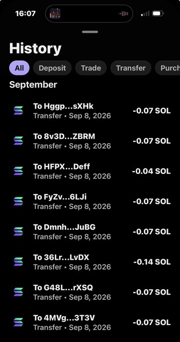 A smartphone screenshot of a crypto wallet's "History" tab showing multiple SOL transfers on September 8, 2026, with amounts ranging from -0.04 to -0.14 SOL sent to various recipients with truncated wallet addresses. The transactions align with the post announcing that giveaway winners have been paid, as each entry represents a small SOL transfer being sent out to one of the tagged recipients.