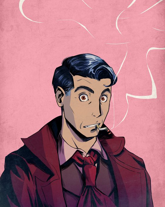 An illustrated portrait of a dark-haired man in a burgundy coat and tie with a cigarette in his mouth, set against a pink background with swirling smoke lines.