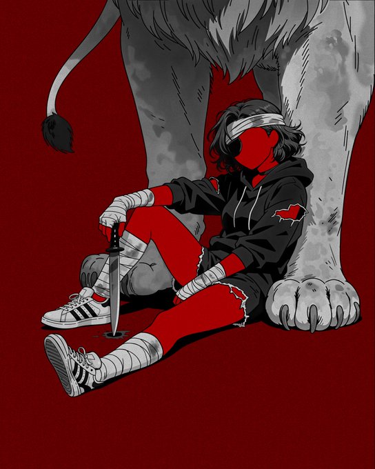 An illustration of a red-skinned character with bandaged arms and legs, wearing a torn black hoodie and holding a knife, sitting against the legs of a large grey beast on a red background.