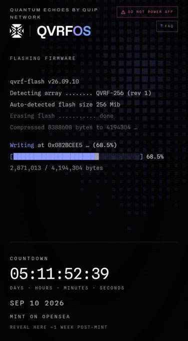 A 'QVRFOS' firmware flashing screen showing 68.5% progress on a QVRF-256 (rev 1) array, with a countdown of 05:11:52:39 to a 'MINT ON OPENSEA' reveal on SEP 10 2026.