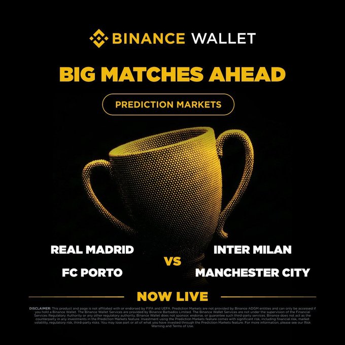 A Binance Wallet promotional graphic featuring a golden trophy against a black background announces "BIG MATCHES AHEAD" with Prediction Markets now live for UEFA Champions League matchups: Real Madrid vs. Inter Milan and FC Porto vs. Manchester City. The post highlights these featured matches and invites users to join a PnL Trading Competition with a 100,000 USDT prize pool.