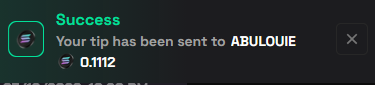 A confirmation screen displays "Success — Your tip has been sent to ABULOUIE 0.1112," verifying the tip transaction referenced in the accompanying post about sending SOL to the user ABULOUIE via solpump.io.