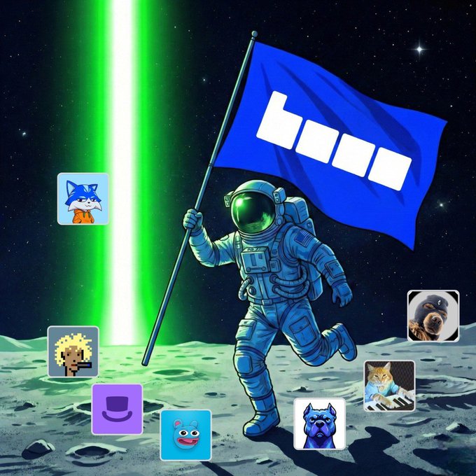 A digital illustration depicts an astronaut holding a blue flag on a lunar surface with a glowing green beam of light behind them, surrounded by various cartoon avatar icons including Sonic, a cat, and anime characters.