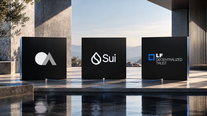 Professional 3D render displaying three black cube logos on stands: an 'A' logo (likely Aptos), the 'Sui' blockchain logo, and 'LF Decentralized Trust,' set in a luxurious modern interior.