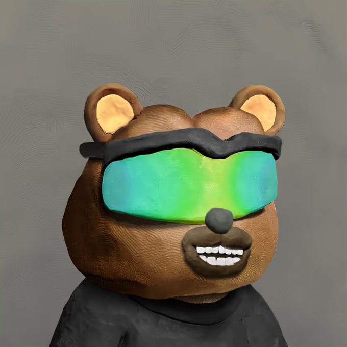 A 3D rendering or figurine of a brown bear wearing oversized, iridescent green ski goggles and a black shirt.