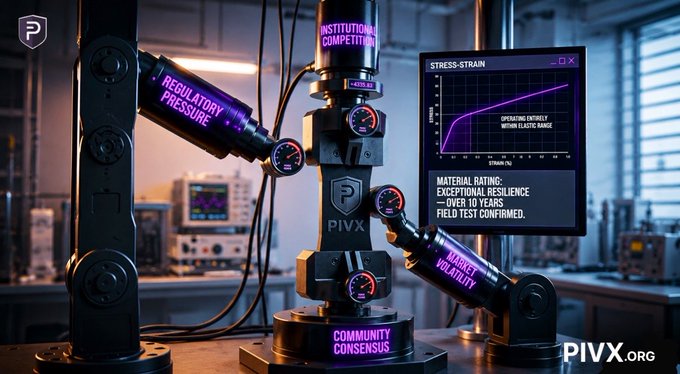 "Institutional stress testing" is described, which implies that there are mechanical or digital machines designed to simulate or test different scenarios of instability, competition, or regulatory pressure in a controlled environment. This could be relevant to PIVX's mission, where they want their machine to remain resilient and focused on its purpose despite various challenges.