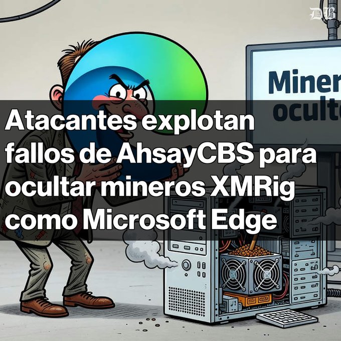 The image is a cartoon-style illustration showing a mischievous character with an angry expression peeking out from behind a large, glowing blue and green circular screen or portal, while inspecting an open computer tower with exposed components and visible fans. Spanish text overlaid reads "Atacantes explotan fallos de AhsayCBS para ocultar mineros XMRig como Microsoft Edge," and a monitor in the background displays "Miner oculto" (hidden miner). The illustration visually reinforces the post's warning about attackers exploiting AhsayCBS vulnerabilities to hide XMRig cryptocurrency miners disguised as Microsoft Edge, with the sneaky figure and hidden mining hardware symbolizing the stealthy nature of the threat.