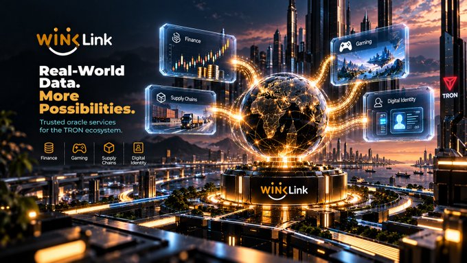 A promotional graphic for WinLink by TRON featuring 'Real-World Data. More Possibilities' with a futuristic cityscape, glowing orb, and icons representing Finance, Gaming, Supply Chains, and Digital Identity.