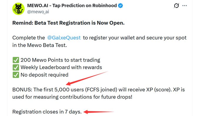A tweet from @mewo_ai announces beta test registration for MEWO.AI Tap Prediction on Robinhood, offering 200 Mewo Points, weekly leaderboard rewards, and no deposit required, with a bonus XP for the first 5,000 users (FCFS) and registration closing in 7 days via @GalxeQuest. The image supports the accompanying post's airdrop announcement by detailing the Galxe registration process, FCFS limit of 5,000 users, and upcoming deadline.