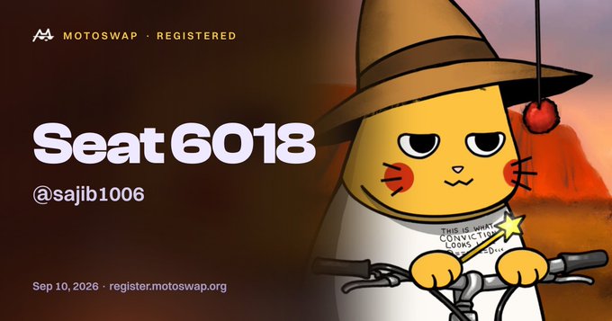 A promotional graphic for MotoSwap displays 'Seat 6018' and the username '@sajib1006' alongside a cartoon cat wearing a hat, with a registration date of Sep 10, 2026.