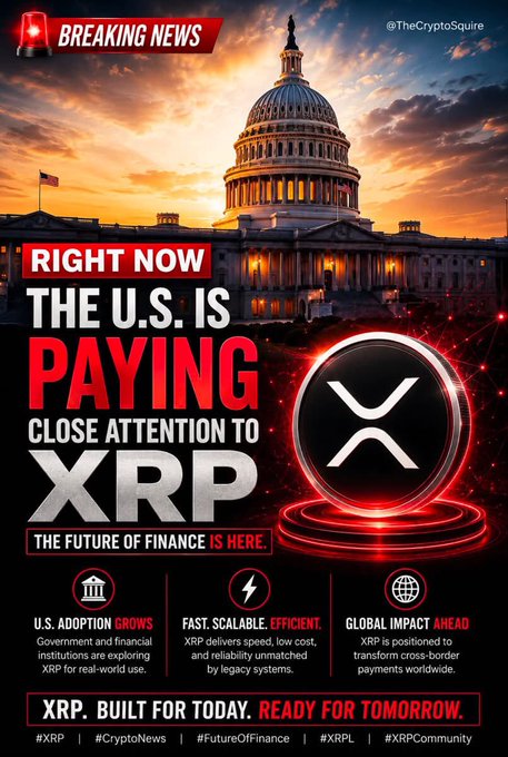 A dramatic "Breaking News" graphic featuring the U.S. Capitol building at sunset, announcing "RIGHT NOW THE U.S. IS PAYING CLOSE ATTENTION TO XRP" alongside the XRP logo, with bullet points highlighting U.S. adoption, fast/scalable transactions, and global impact. The image aligns with the accompanying post's claim of U.S. government movement on crypto regulation via the CLARITY Act, visually reinforcing the bullish September outlook for XRP by pairing the political Capitol imagery with the cryptocurrency branding.