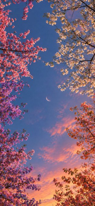 Pink and white cherry blossoms frame a twilight sky featuring a crescent moon and pink clouds.