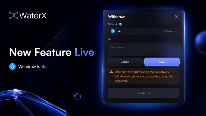 A promotional graphic for WaterX showing a new withdrawal feature to the Sui network, displaying a withdrawal interface with text 'New Feature Live' and 'Withdraw to Sui'.