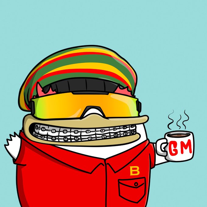 A cartoon duck character wears a Rastafarian-colored beanie, yellow shutter shades, and a red jacket with a 'B' patch, while holding a mug labeled 'GM'.