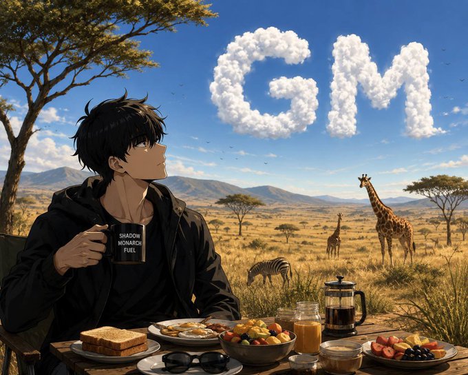 The image features a man sitting at a table with food and drinks, including a cup of coffee and a plate of fruit. The scene takes place outdoors, possibly in Africa or another natural setting. There are also two giraffes visible in the background, adding to the overall atmosphere of the scene. The post includes text that reads "gQuip Fam Love seeing this One of the best signs of an early ecosystem is when the community starts building alongside the core team A Wallet + Block Explorer for the @quipnetwork testnet, built and maintained by a community member before the official explorer is even".