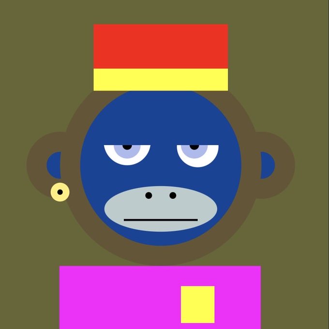 A stylized, cartoonish blue monkey head with a neutral expression, a red and yellow pillbox-style hat, a gold earring, and a magenta base, set against an olive-green background. The image aligns with the post by visually representing OnChainMonkey's brand through its iconic monkey character, presented as generative blockchain-based digital art.