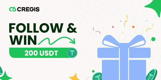 A promotional graphic from Cregis advertises a "Follow & Win" campaign offering 200 USDT in prizes, featuring a blue gift box with confetti and a green arrow, which aligns with the accompanying post inviting users to join the Cregis TaskOn quest by October 19 to claim the reward.