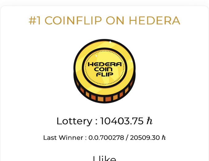 A promotional graphic for '#1 COINFLIP ON HEDERA' showing a gold coin logo, with text reading 'Lottery: 10403.75 ħ' and 'Last Winner: 0.0.700278 / 20509.30 ħ'.