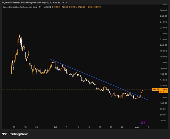 A TradingView stock chart for Space Exploration Technologies Corp (1h, NASDAQ) showing a downward price trend from late June through early August 2026, with a blue descending trendline drawn over the candlestick pattern.
