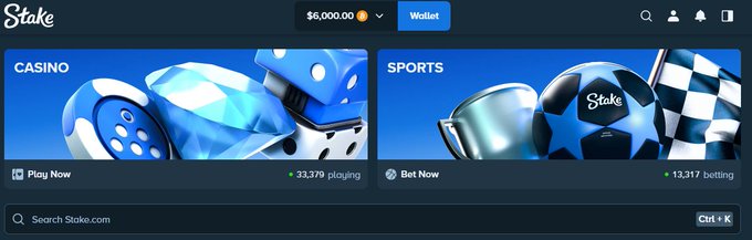 Screenshot of the Stake.com gambling platform homepage showing Casino and Sports betting sections with a wallet balance of $6,000.00.