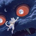 A small white cartoon character with large red eyes standing before a massive shadowy creature with giant red eyes in a dark setting.