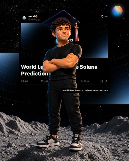A graduate wearing a cap with "2026" on it stands proudly in front of a tweet announcing that World.xyz is LIVE with fully on-chain Solana prediction markets. This image visually represents the launch of the platform and its focus on future predictions, such as the 2026 World Cup.