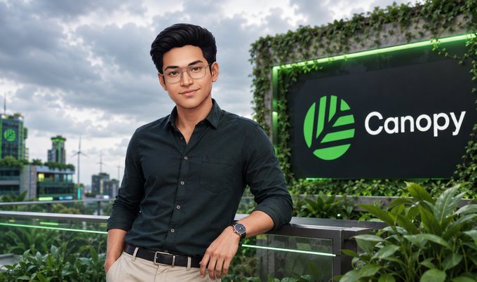 A young man in a black shirt and glasses stands confidently in front of a "Canopy" sign featuring a green leaf logo, with a futuristic cityscape and greenery in the background, visually representing the company's focus on privacy-focused confidential blockchain applications alongside Fhenix.