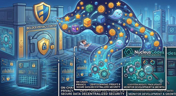 A colorful illustration promoting 'Beldex Privacy Center' and 'Nucleus Codes' ecosystem services, depicting a child sleeping while dreaming of crypto cubes, coins, and ghosts flowing from a secure vault.