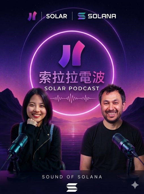 The image features a poster for a podcast titled "Solar Podcast" featuring two hosts - a man and a woman. The hosts are positioned behind microphones, with the man wearing a black shirt and the woman wearing a black jacket. They appear to be smiling at the camera while recording their show. The background of the poster is purple, and there's a logo for Solana on it as well.