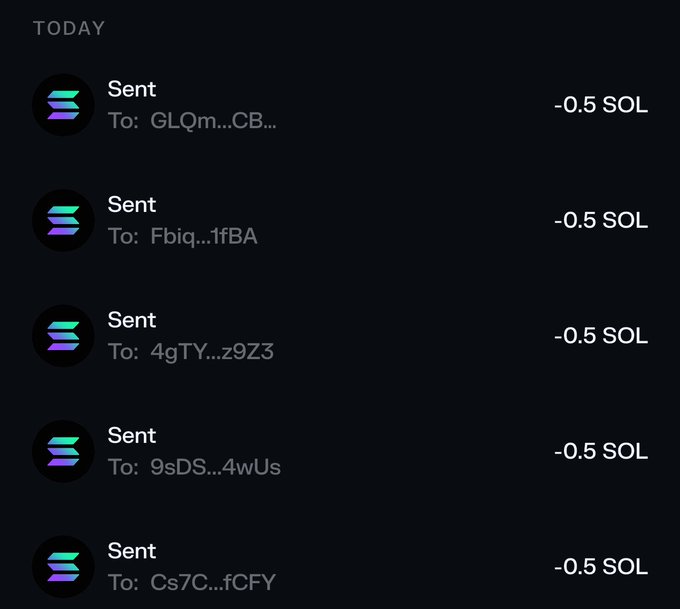 The image shows a transaction history displaying five "Sent" transfers of -0.5 SOL each to different recipients today (addresses starting with GLQm, Fbiq, 4gTY, 9sDS, and Cs7C), serving as visual proof to support the claim of sending small amounts of Solana cryptocurrency to tagged users.