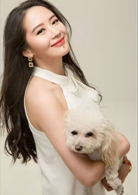 The image features a woman holding a small white dog. The woman has long hair and is wearing a white dress. She is smiling at the camera while holding her pet. The background of the photo appears to be a plain white wall, which contrasts with the vibrant colors of the woman's dress and the dog's fur.