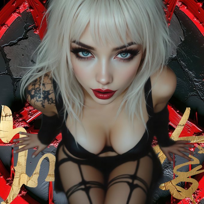 A stylized digital illustration of a pale-skinned woman with platinum blonde hair, blue eyes, and red lipstick, wearing a black mesh outfit against a red and black background with graffiti-style text.