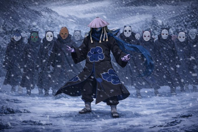 Anime-style illustration of a masked character in a blue cloud-patterned robe standing in a snowy landscape, surrounded by masked figures.