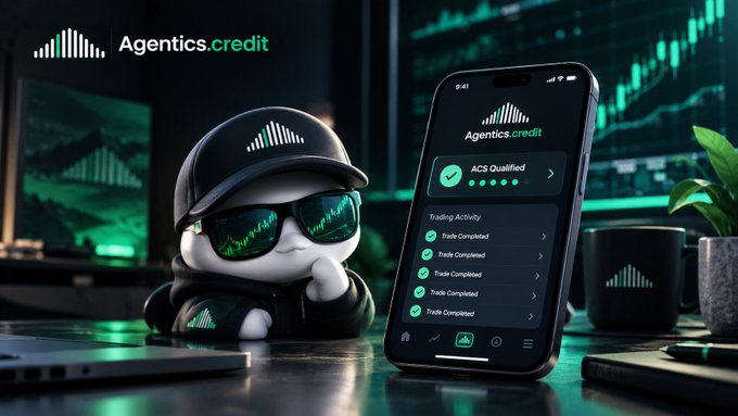 A promotional image for 'Agentics.credit' featuring a cute mascot character with a cap and sunglasses next to a smartphone displaying a trading app with 'ACS Qualified' and 'Trade Completed' notifications.