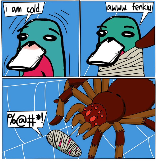 A four-panel webcomic showing a duck-like character shivering saying "i am cold," being wrapped in bandages ("awww, fenkiu"), then a giant spider with red markings appears while the bandaged figure yells "%@#*!".