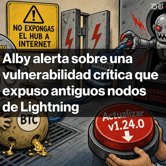 A Spanish-language graphic from 'DB' warns about a critical vulnerability in old Lightning nodes, featuring a robot pulling a cord, a warning sign reading 'NO EXPONGAS EL HUB A INTERNET', and a red button prompting an update to 'v1.24.0'.