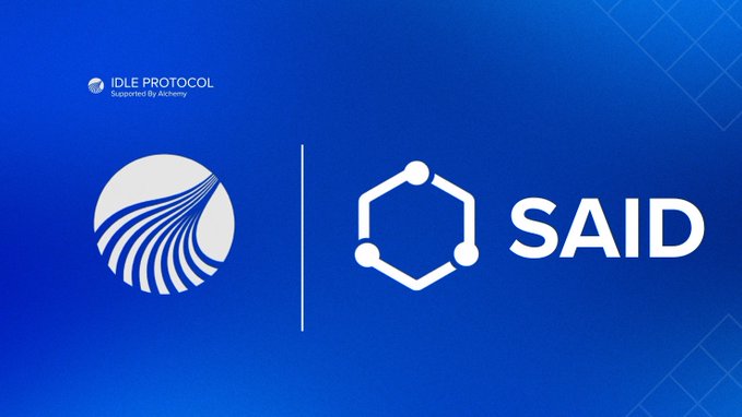The image features a blue background with white text that reads "SAID" at the top, followed by a logo for the company " Said Infra". The text also mentions an upcoming partnership between Said Infra and Idle Protocol, which is now the default execution layer for SAID agents. This partnership will allow web fetching, scraping, data extraction, and computing tasks to run through Idle's distributed network, potentially providing a more efficient and secure way of handling these tasks.