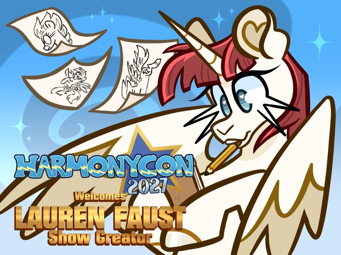 An animated graphic for 'HARMONYCON 2021' welcoming 'LAUREN FAUST, Show Creator,' featuring a cartoon unicorn character holding a pencil.